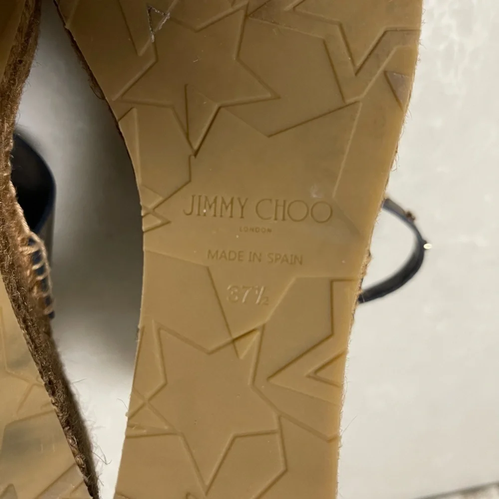 GUC Jimmy Choo Raffia Calfskin Stud Danica 80mm Wedge Sandals. Size 37 1/2